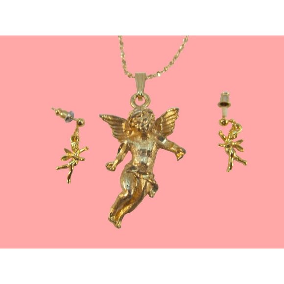 Cherub Angel Pendant Necklace and Matching Pierced Earring Set - Picture 5 of 10